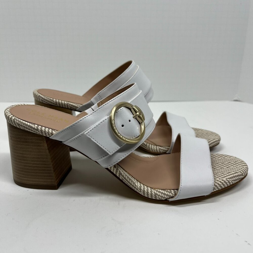 NWOT Cole Haan White Leather and Gold Detail Block Heel Strappy Sandal Sz. 10